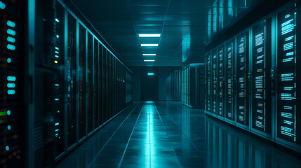 Obraz premium Cinematic Data Center with Soft Lighting and Advanced Technology