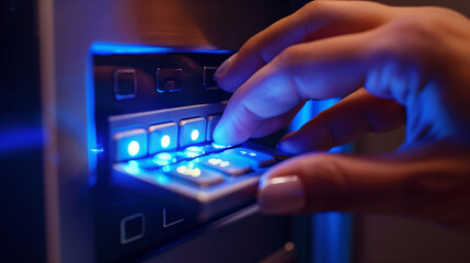Fingers entering a code on an electronic safe lock. The blue LED lights illuminate the keypad, emphasizing security and technology.