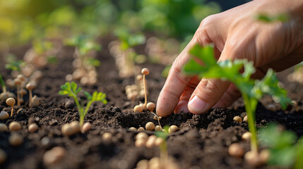 A hand planting a small seedling among other young plants, symbolizing growth and care. Close-up view, perfect for themes of sustainability and gardening.