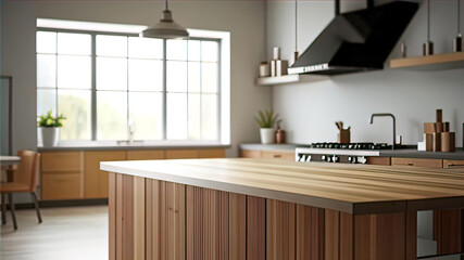 Fototapeta premium wooden countertop against the background of a modern kitchen,