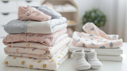 Neatly folded baby onesies and booties arranged in a tidy stack, creating a cozy and organized baby room atmosphere. Perfect for baby product promotions.