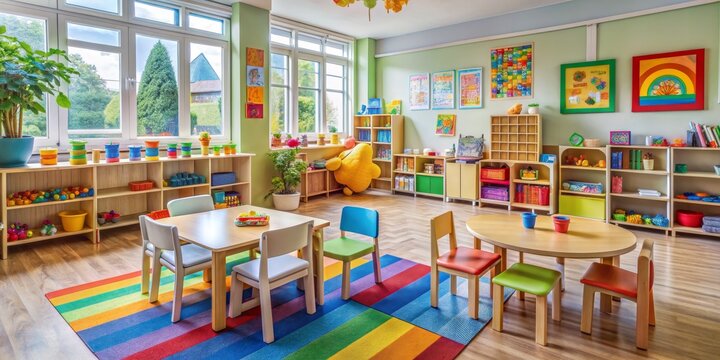 Bright and Playful Kindergarten Classroom Interior with Rainbow Rug and Colorful Toys, kindergarten classroom, classroom decor, preschool, learning space