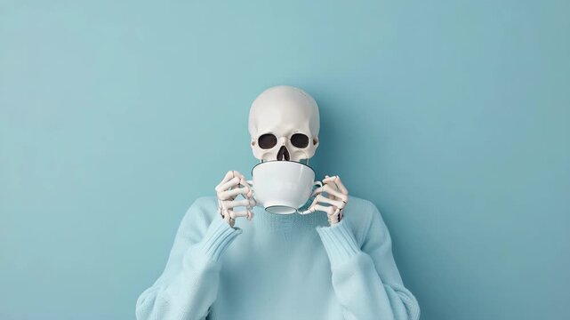 Minimalistic scene with calm skeleton wearing blue fluffy sweater drinks coffee. Radiates peace and relaxation. Symbolizes the rapid flow of life, criticizes the rush of daily routine