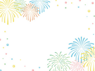  ポップでかわいい、水彩の花火素材（夏　祭り　花火大会　フレーム　見出し　タイトル　背景）