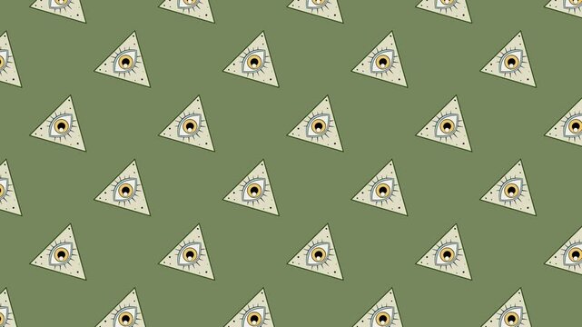  Masons symbol, Third Eye loop Circular animation. divine eye of god, with an eye inside a triangle on olive green background, world power for conspiracy theories and new world order