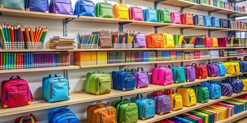 Obraz premium Colorful Backpacks and Stationery on Wooden Shelves, school supplies, bookstore, classroom , education