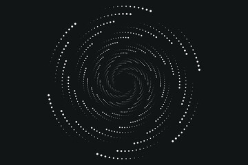 Modern abstract background. Halftone dots in circle form. Spiral logo, icon or design element. Black dots on a white background and white dots on the black side.