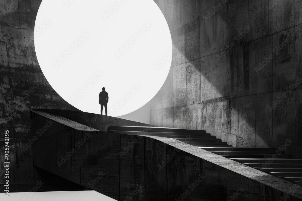 Poster A person stands on a concrete staircase in front of a circular window, providing an interesting architectural feature