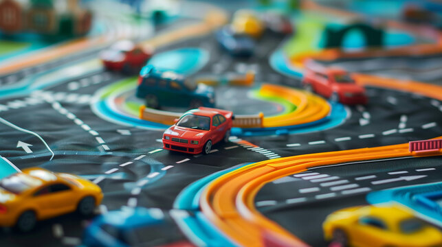 A playful scene with small toy cars placed on a colorful play mat featuring roads and traffic signs. Perfect for depicting childhood play and imagination.