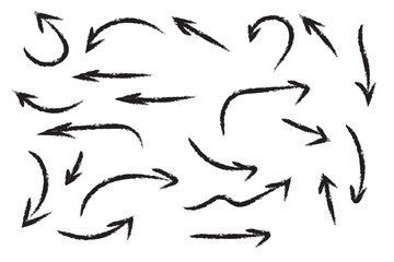 Grunge arrow vector set. Hand drawn style with brush stroke. Hand drawn vector arrows doodle set on white background.