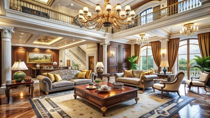Elegant Living Room with Grand Chandelier and Ornate Furnishings, Interior Design, Luxury Home, Mansion, Palace. ,interior design, luxury home