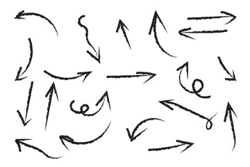 Grunge arrow vector set. Grunge arrow brush drawn. set of chalk pencil, brush stroke arrows. various charcoal arrows. Hand drawn doodle arrow symbols vector. 