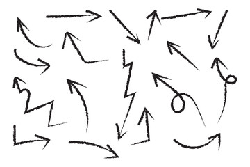 Arrows with grunge lines. Hand drawn set of doodle arrow icons. Collection of hand free curved lines and pointers.
