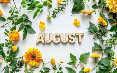 the word "AUGUST", wooden letters, white background with yellow and orange flowers, green leaves Generative AI