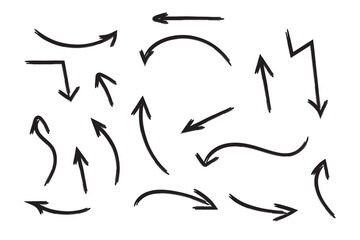 Arrows with grunge lines. Hand drawn set of doodle arrow icons. Collection of hand free curved lines and pointers.