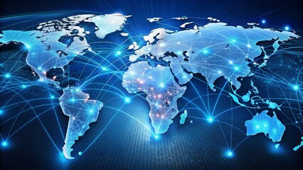 Fototapeta premium Global Network Connections, Digital Map, World Map, Blue Network, Connection, Global Connectivity, Technology
