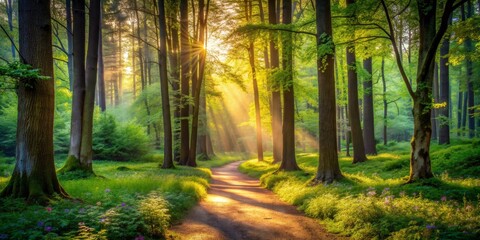 Obraz premium Golden Rays of Dawn in a Forest Path, Photography , Nature , Landscape , Sunlight