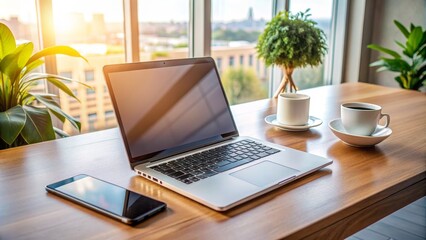 Fototapeta premium Laptop, Smartphone, and Coffee on a Wooden Desk, window, desk, office, morning