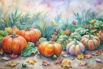 Autumnal harvest: a watercolor painting of pumpkins and falling leaves