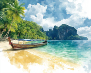 Obraz premium Tropical Beach with Longtail Boat