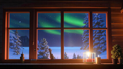 Fototapeta premium view from the window of the Northern Lights, winter northern landscape, anticipation of Christmas, cozy room in winter,