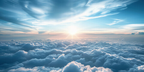 Beautiful view from the airplane window flying above the clouds blue sky in sunny day and soft sunlight in the afternoon. 