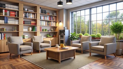Fototapeta premium Modern Living Room with Bookcase, Armchairs and Coffee Table, Interior Design, 3D Rendering, Furniture, Living Space, Room Design