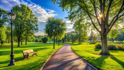 Fototapeta premium Morning Light on a Winding Path Through Green Trees, Bench, Lamppost, Park , Nature , Pathway , Sunlight