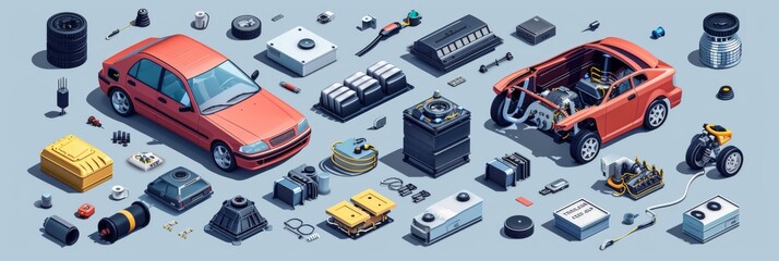 Isometric Illustration of Electric Car Components: A Modern and Detailed Visualization of the Future of Automotive Engineering.