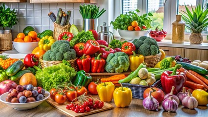 A Colorful Abundance of Fresh Produce in a Kitchen Setting, Fruits, Vegetables, Red, Green, Yellow, Healthy Eating