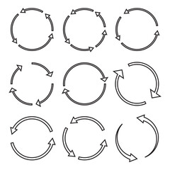 Circle arrow icon set. Symbol of reload, refresh, loading, recycle and repeat. Interconnecting round arrow vector icons set. Work in progress sign. One, two, three, four, five, six arrow in the loop