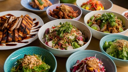 a table topped with plates filled with different types of food