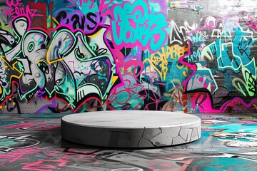 This is an illustration of a podium with a graffiti-covered black wall in the background that was created using Stock