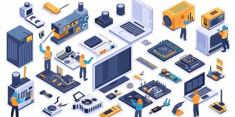 Obraz premium Isometric Infographics of Electronic Device Repair Services with Isolated Human Features and Computer Circuitry for Tech Repair Personnel