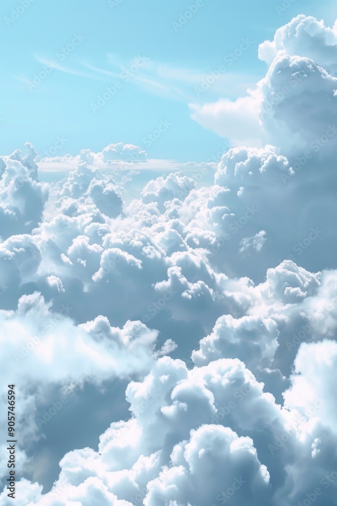 Poster aerial view of a plane soaring through fluffy white clouds in a clear blue sky