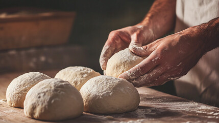 Obraz premium Close-up of a baker’s hands shaping dough on a wooden table, with a focus on the texture and details of the dough, homemade recipe