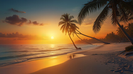 beach at a beautiful sunset with tropical trees, sand and gentle waves,