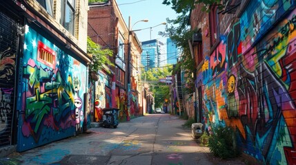 Fototapeta premium In an urban alley, a vibrant graffiti street art mural portrays a message of cultural expression and urban creativity.