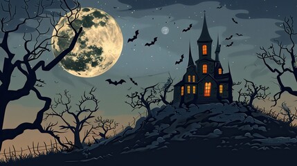 An old, spooky house on top of a hill with a full moon