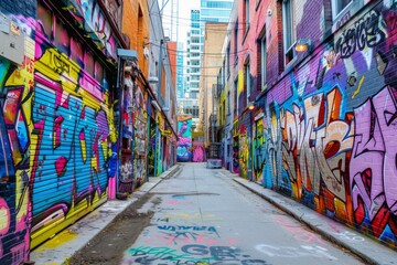 Fototapeta premium Urban landscape with vibrant street art murals, creating a colorful, dynamic environment for creative and artistic advertising.