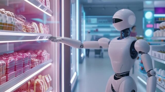 A modern, humanoid robot is seen selecting items from grocery shelves in a brightly lit supermarket. The robot is examining packaged goods, indicating a futuristic shopping experience. Customers in
