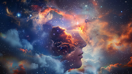 Fototapeta premium An abstract scene showing a human head immersed in outer space, with sky and stars in the background, illustrates the complexity and depth of the human mind.