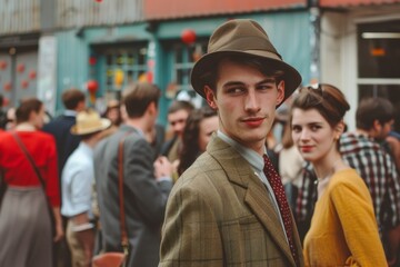 Fototapeta premium young man in vintage clothes in a crowd of people