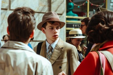 young man in vintage clothes in a crowd of people
