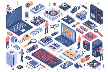 Fototapeta premium Isometric Infographics of Electronic Device Repair Services with Isolated Human Features and Computer Circuitry for Tech Repair Personnel