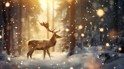 deer in winter forest with glowing lights, fantasy style