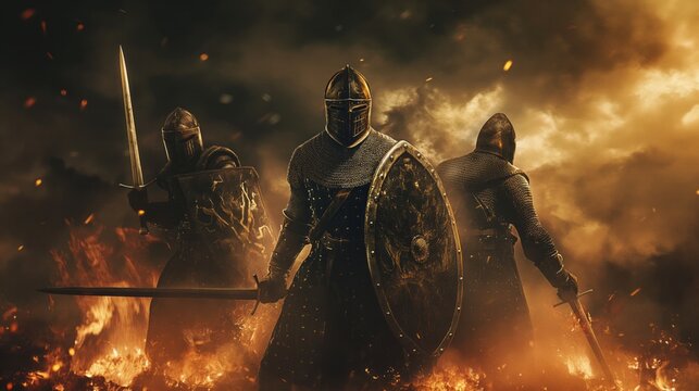 medieval knights in full armor with sword and shield standing on a burning battlefield background