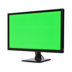 empty green screen computer display corporate workplace closeup. chroma key pc isolated on white background, png