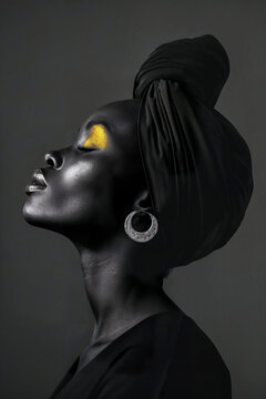 Black woman with golden eye shadow in artistic portrait. Generative AI image