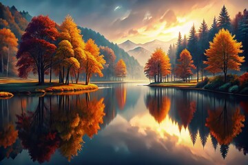 Autumn reflections in a tranquil forest lake at dawn
